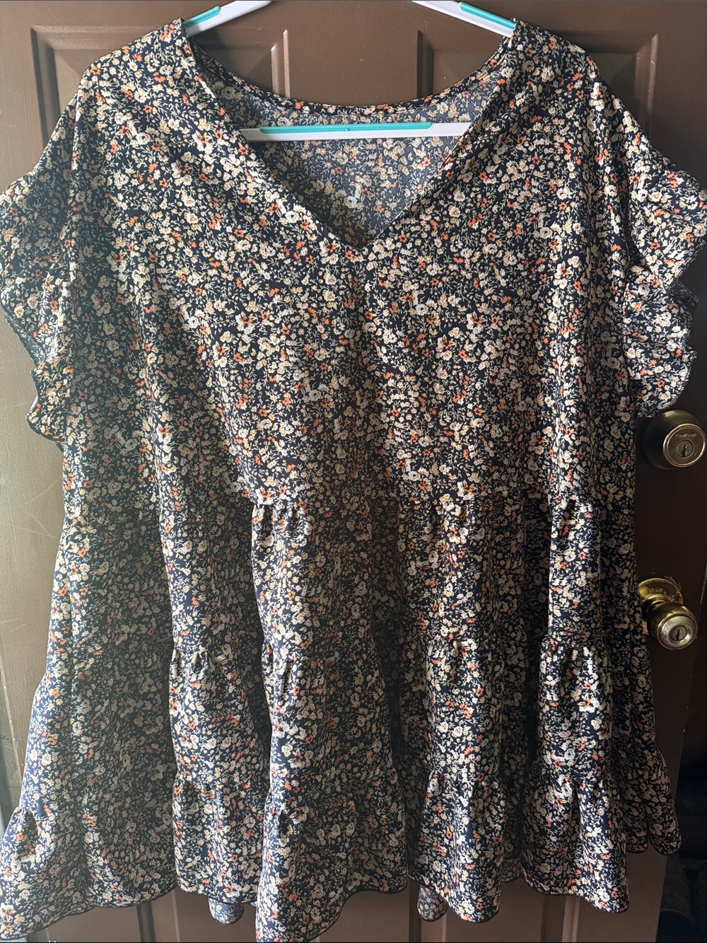 SHEIN Navy Floral V-Neck Tiered Babydoll Tunic